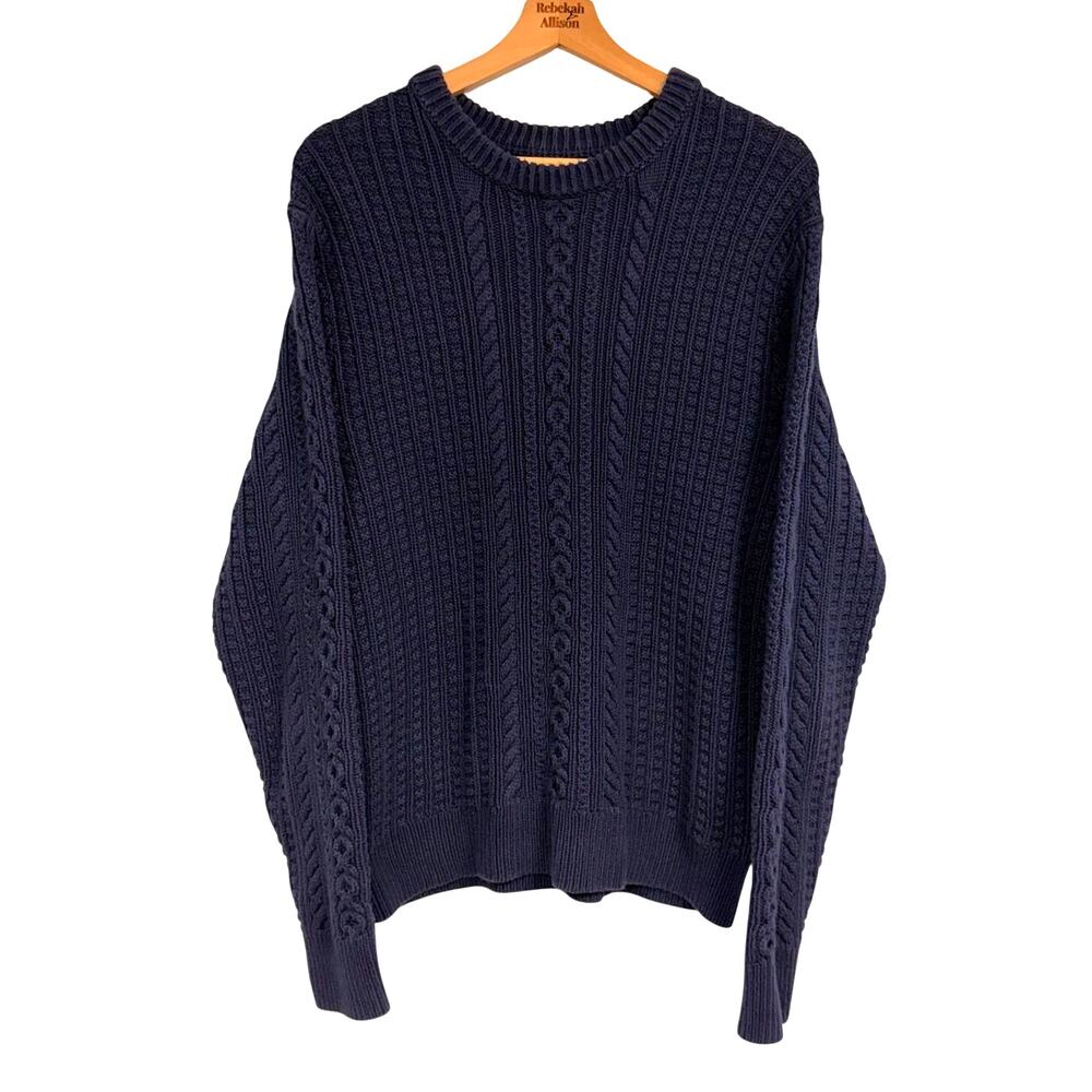 J. Crew Cable Knit Crewneck Fisherman Sweater SZ MEDIUM Blue 100% Cotton EUC